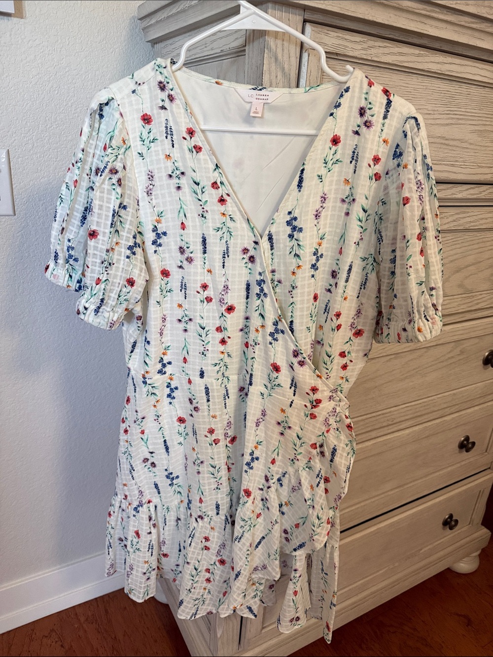LC Lauren Conrad White Dress with Blue and Orange Floral Accents